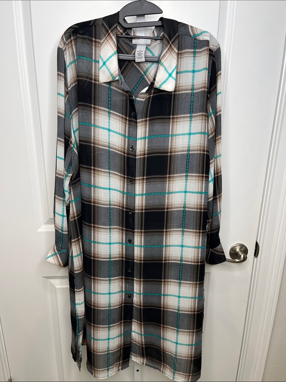 Catherines Plaid Longline Button-Front Dress in Brown, Cream and Teal Women’s 3X